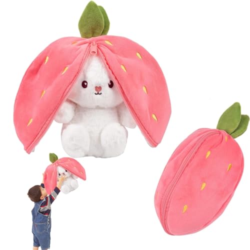 Bukezudang Peluche Lapin Fraise et Carotte, De Pâques, Mignonne, Jouets Muppet, Cadeau pour Enfants, Garçons, Filles (Fraise, 18 Cm)