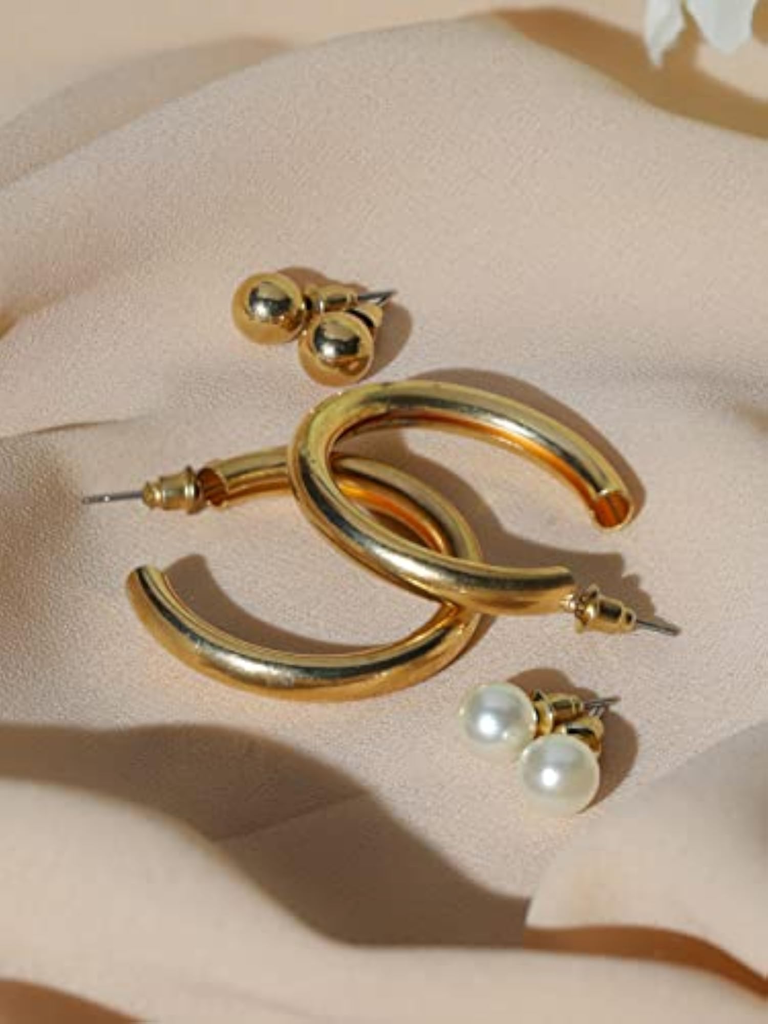 Plated Brass Hoops and Stud Earrings Set of 6