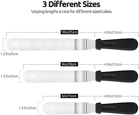 U-Taste Icing Spatula Set of 3: 18/0 Stainless Steel Cake Palette Knife, Angled Offset Spatula for Baking Cake Decorating Frosting, 15/20/25cm Metal Blade with 12cm PP Plastic Handle (Black)