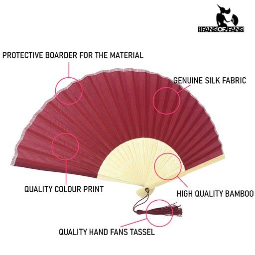 Image of Fabric Handheld Folding Hand Fan with a Tassel Grade A Bamboo Ribs for Women Girls Summer Party Event Favor Birthday Wedding Souvenir Gift (Dark Red)