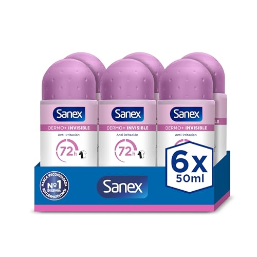 Sanex Dermo+ Invisible Desodorante Antitranspirante Roll-On 72 Horas 6 X 50ml – protección eficaz contra el sudor y el mal olor – dermatológicamente testado – protege de las manchas