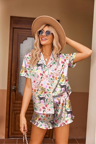 Image of Ekouaer Womens Satin Pajamas Set Button Down 2 Piece Silk Pjs Shorts Set Ruffle Lingerie Notch Collar Sleepwear