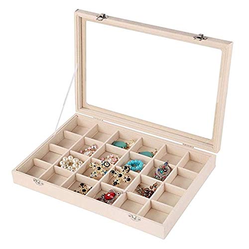 Bijoux plateau présentoir en velours glacé 24 grilles à couvercle clair