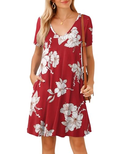 Image of JollieLovin Women T Shirt Plus Size Summer Swing Dresses Short Sleeve V Neck Loose Casual Dress(L-5X)