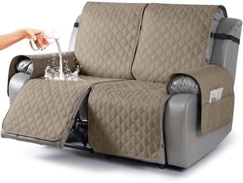 TAOCOCO 100% Waterproof Recliner Covers, Recliner Sofa Covers with Leg Straps, Reversible Recliner Couch Cover for Reclining Chair, Washable Couch Protector for Pets Kids(2 Seater, Taupe)