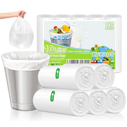 XUXRUS Bolsa Basura 10L Blancas – 120 Unidades, 45x50cm, Resistentes al Desgarro y Sin Fugas, Bolsas de Basura 10 Litros para Baño, Cocina, Oficina, Cubos Pequeños