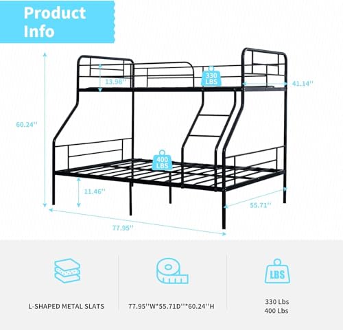 Bunk Bed Twin Over Full, Bunk Beds Twin Over Full with Metal Guardrail and Ladder, Space-Saving, Heavy Duty Queen Bunk Bed for Boys, Girls, Teens, Adult, No Box Spring Needed (Black)
