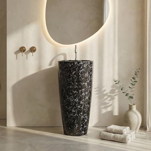 Image of InArt Ceramic Pedestal Wash Basin, Black Marble, 38x38 CM, Glaze Coated Easy Clean, Contemporary Free Standing Design for Modern Bathrooms, Kitchens, Living Rooms (Black Marble)