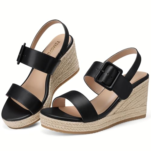 Image of TEMOFON Espadrilles Wedge Sandals for Women: Slip On Elastic Ankle Strap Platform Sandals Dressy Comfortable Summer Wedges Heels Shoes