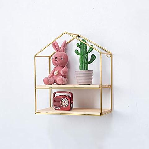 Ablerhome Decoration Small Home Shaped Cube Wall Shelf Wrought Iron Frame 2 Tier Storage Shelving Unit Decor Free Stand Display Unit NEW (Gold House Shape Shelf) Cover