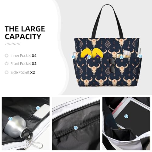 Large Beach Bags for Women Sandproof - Sheep Skull Navy Blue Print Summer Work Travel Tote Bags with Zipper3