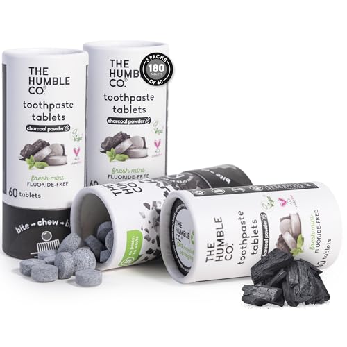 The Humble Co Fluoride-Free Chewable Toothpaste Tablets, Charcoal - Bite, Chew, Brush - Zero Water & Plastic Free Toothpaste Tabs - Travel-Friendly & Waste-Free Dental Oral Care Hygiene - 180 Count