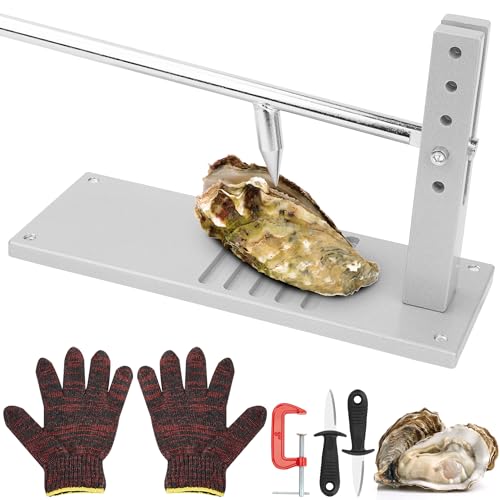 Oyster Shucking Machine with Adjustable Handle Oysters Shucker Tool Clam Shell Opener Machine Seafood Tools Set, Including Two Oyster Shucking Knife, one Pair of Glove and one G-Clip