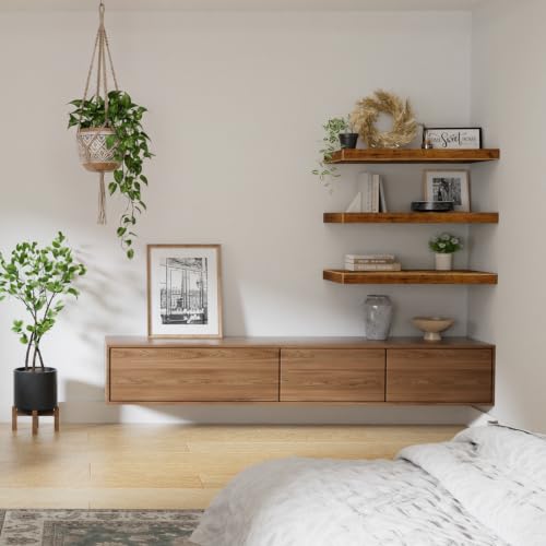 Image of QEEIG 12 inch Deep Floating Shelves for Wall - 12 x 24 inch Book Shelf Bathroom Bedroom Kitchen Living Room Hanging Bookshelf Farmhouse Set of 3, Brown (026-60BN3)