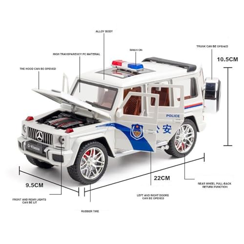 Image of Police Toy Car 1:24 Scale G Wagon Toy Car for Kids Diecast Metal with Light Sound Pull Back Openable Door, White