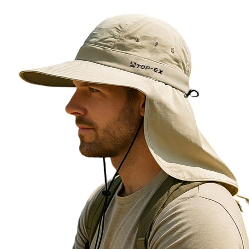 TOP-EX Mens Cooling Sun Hat for Big Heads Oversized UV Protection Cap with Neck Flap Outdoor Hiking Lawn Golf Camping Hat for Large Head Men Khaki XL/XXL
