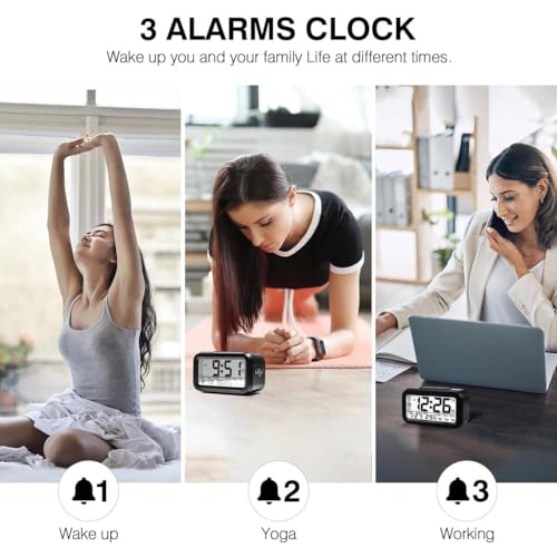 Image of Bulfyss USB Rechargeable Digital Alarm Clock, Date, Temperature, Backlight LCD Display Smart Clock with 3 Alarms Bedroom Table Desk (Black)