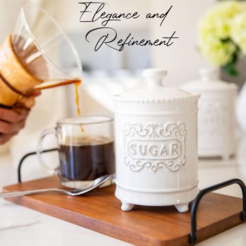 25DOL 35 Ounce Elegant Ceramic Kitchen Canisters Set of 3 - Beautifully Engraved Coffee Tea Sugar Storage Containers Airtight with Feet for Added Style and Stability - Ceramic Jar with Airtight Lid by 25DOL - Used condition - Image 2