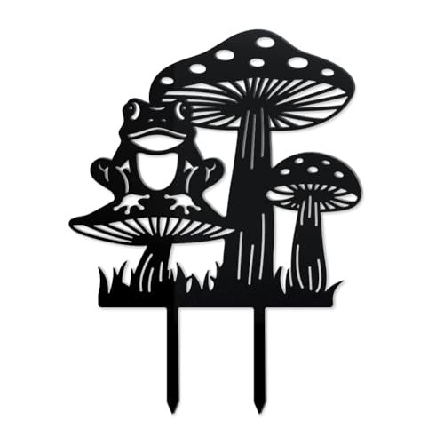 WADORN Mushroom Frog Metal Outdoor Statues Silhouette, Mushroom Frog Metal Decorative Garden Stakes Mushroom Silhouette Ornament Gift Funny Outdoor Decoration for Garden Backyard Patio Lawn Outdoor