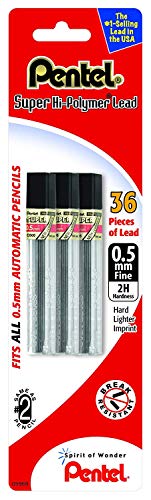 Pentel Super Hi-Polymer Lead Refill (0.5mm) Fine, 2H, 36 Pieces of Lead (C505BP32H-K6)