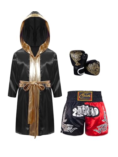 Moggemol Pièces Short De Boxe pour Enfants Gants De Boxe Et Robe De Boxeur Ceinture Ensemble Tenue De Champion De Boxe pour Carnaval Fête À Thème Noir et...