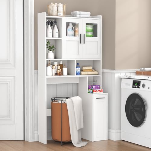 ELYKEN-Over-The-Toilet-Storage-Cabinet-with-Glass-Doors-Pulley-White-Pull-Out-Cabinet-Toilet-Paper-Holder-Side-Hooks-Adjustable-Shelf-Anti-Tipping-Space-Saving-Bathroom-Storage-Cabinet