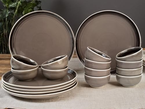 Image of Bodhi House Handcrafted Chip Resistant Porcelain Dinner Set, 18 Pieces Dish Set Serving for 6, Microwave and Dishwasher Safe, Bone-ash Free, Crockery Set for Dining and Gifting, Smoke Grey