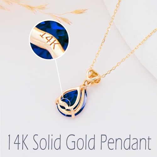 14k Gold Pear Gemstone Birthstone Necklace with Real Diamond(I2-I3 Clarity),2 Carat Teardrop Created Birthstone Anniversary Birthday Mother's Day Necklaces for Women Mom Her3