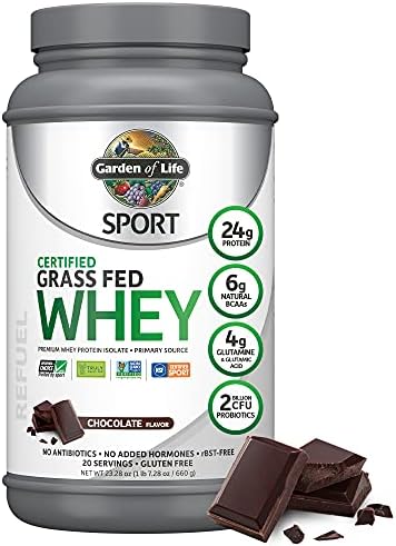 Garden of Life Sport Whey Protein Powder Chocolate, Premium Grass Fed Whey Protein Isolate Plus Probiotics for Immune System Health, 24g Protein, Non GMO, Gluten Free, Cold Processed - 20 Servings