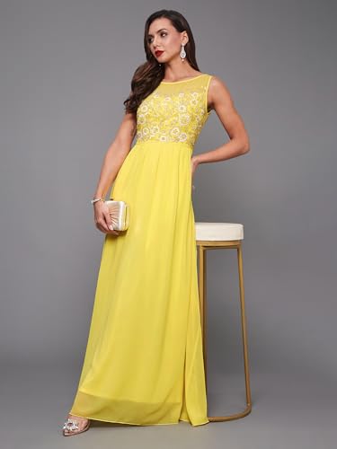 Image of Miss Chase Women's Round Neck Sleeve Embellished Fit Flare Maxi Dress