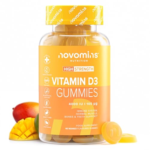 Vitamin D Gummies - 4000 IU Vitamin D3 - Vegetarian & Gluten Free - VIT D Gummies for Bones & Teeth - Alternative to Vitamin D Tablets & Spray - 60 Gummies - 1 Month Supply - Novomins