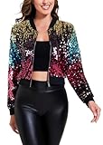 Anna-Kaci Women's Sparkly Sequin Cropped Jacket Long Sleeve Zipper Up Party Club Bomber Jacket, Gradient Color, Medium