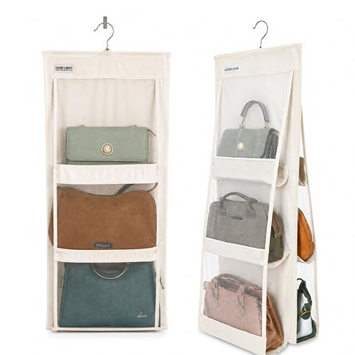 Image of FUTURE'S ROOTS Cotton Purse Organizer for Wardrobe with 6 Transparent Mesh Pockets | Hanging Handbag Storage Holder with 360 Rotating Hanger & Label Slip Pocket, Washable Closet Organizer(Set of 1)