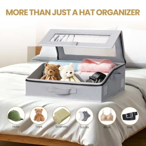 Hat Storage Box with Clear Window, Baseball Cap Organizer Holds Up to 24 Caps, Foldable Hat Storage Container with Dividers and Zipper Lid, Stackable Closet Organizer for Hats, Shoes, Clothing, Gray — view 2