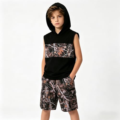 Image of Size 6-12 Years Boys Summer Clothes Hooded Sleeveless Tank Tops Workout Shorts 2 Piece Set Fashion Outfits