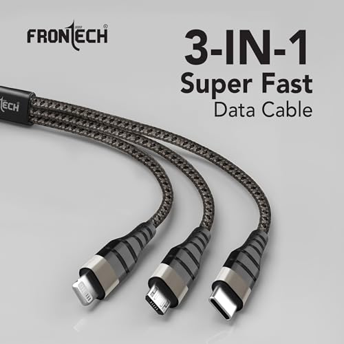 Image of FRONTECH 17W 3-in-1 Multi Fast Charging USB Cable | Type-C, Micro USB & 8 Pin Port | 1.2 Meter Braided Cable | Smart Chip Protection | Grey /Black (FT-1053)