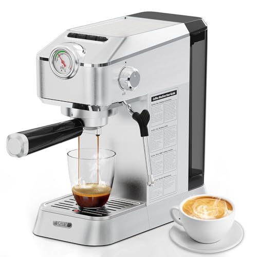 Expresso Pod Machine 20 ULKA Bar for Home Espresso Maker with NTC Temp ControlStainless Steel Coffee Machines for Cappuccino Latte with Milk Frother Steam Wand 42 oz Detachable Water Tank Silver