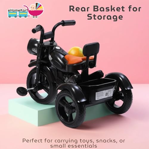Image of eHomeKart Himalayan Kids Tricycle - Front Headlight, Musical - 1 Year to 5 Years - Trike for Indoor and Outdoor - Up to 30 Kgs - Made in India, Black