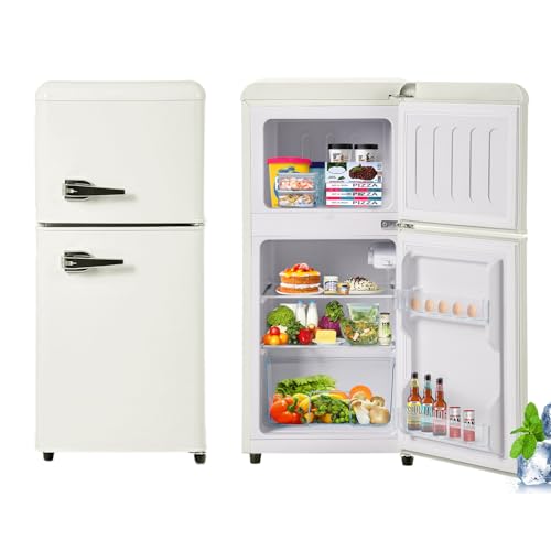 Mini refrigerador con congelador, refrigerador compacto para oficina en casa o dormitorio, cuenta con puertas dobles, estantes extraíbles, control mecánico de temperatura ajustable,Beige