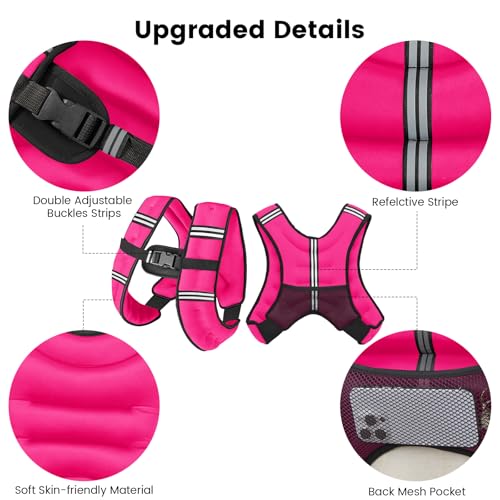 Wolliwa 8lb/12lb/16lb/20Lb Weighted Vest for Woman Men with Reflective Stripe, Size Adjustable Strength Training Weighted Vest for Walk Running Jogging (Pink-8lb)