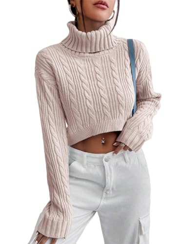 Women's Fall Winter Long Sleeve Turtleneck Cropped Sweater Ribbed Cable Knit Pullover Jumper Solid Sweater Crop Tops