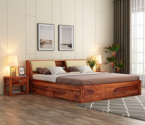 Image of KR Furniture Solid Sheesham Wood Queen Size Double Bed, Natural Finish | 4 Drawer Storage, For Bedroom & Living Room, Palang Double Bed, Wooden Bedroom Furniture