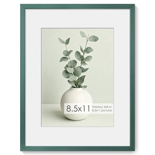 Fun Memories 8.5x11 Metal Picture Frame- 8.5x11 Aluminum Photo Frames with 6x8 Mat, High-Definition Plexiglass Front, and Hanging Hardware - Ideal for Wall or Tabletop Display (Green, Pack of 1)