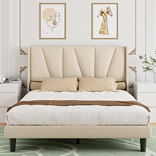 Hombck Full Size Bed Frame With Geometric Wingback Headboard, Modern Fabric Upholstered Platform Bed Frame Full With Strong Wood Slat Support, No Box Spring Needed, Easy Assembly, Beige #TOP12