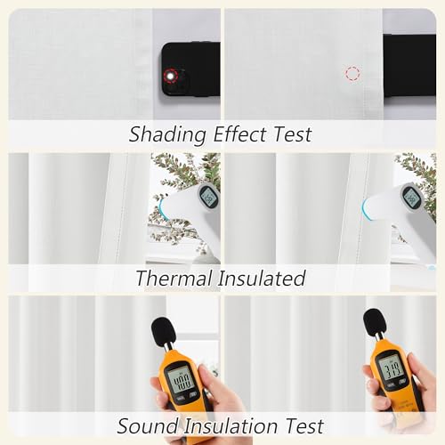 Image of Guken White 100% Blackout Linen Curtains 108 Inch Length 2 Panels Set for Living Room Bedroom Back Tab Thermal Insulated Black Out Drapes Room Darkening Farmhouse Window Curtains 52x108