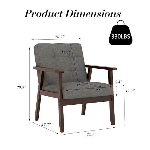 KCC Mid-Century Modern Linen Fabric Accent Chair Set of 2, Upholstered Tufted Leisure Chair Comfy Reading Side Chairs with Armrest and Solid Wood Frame for Living Room Bedroom Balcony(Gray) - Thumbnail 3