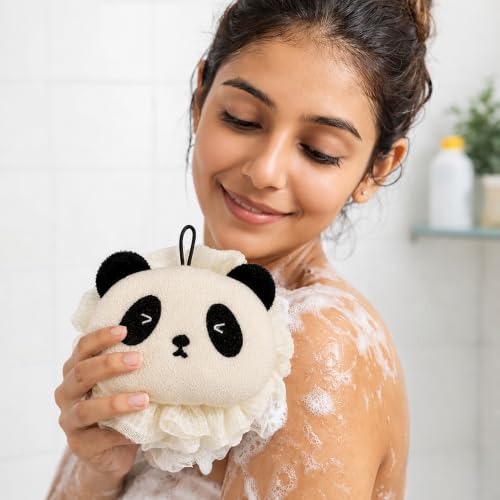 Image of Luxe Home International Bath Sponge For Kids And Adult Microfibre Soft Shower Loofah Bliss Panda Pattern Gentle Skin Exfoliating Body Scrubber For Toddler Cream 11x13cm Pack Of 1