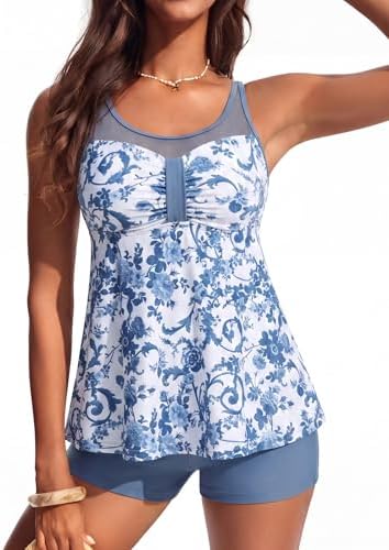 Hanna Nikole Tankini Damen Set,Bauchweg Badeanzug,Zweiteilig Bogen Tankini Oberteil Mit High Waist Badeshorts,Maschenverbindung Badebekleidung,Verstellbare Bademode,Flowy Strandmod