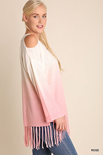 Umgee Women's Ombre Cold Shoulder Fringe Light Sweater Plus Size (1X, Rose) #TOP1