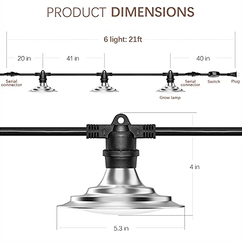 Espird Outdoor LED Grow Lights for Greenhouse 6-Light Waterproof String Grow Light, Full Spectrum LED Plant Grow Light Lamp, Waterproof Greenhouse Grow Lights for Seedling, Veg, Flower